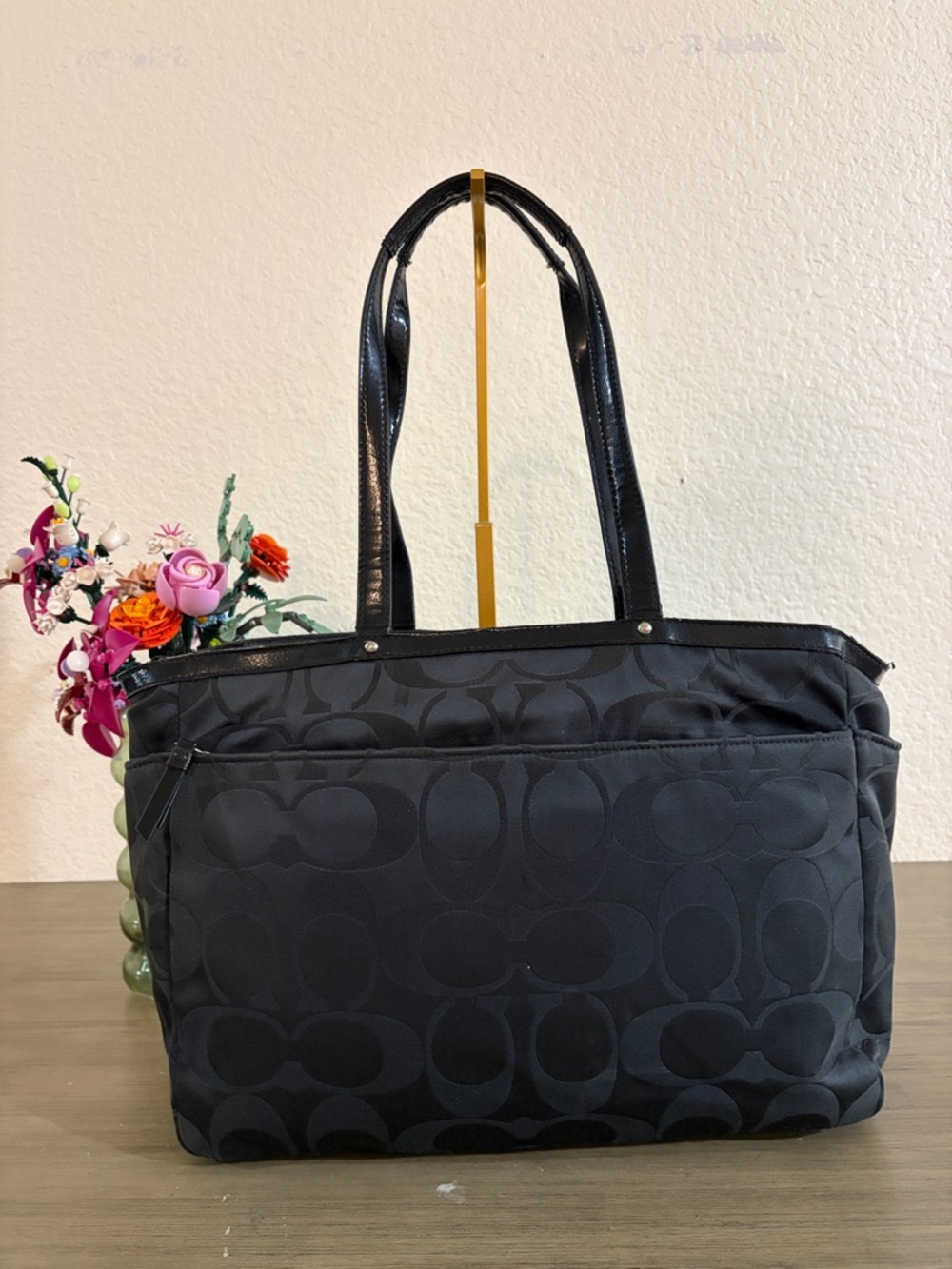 COACH POPPY APPLIQUE DIAPER BABY BAG MULTIFUNCTION TOTE BLACK F17590 RARE - Picture 2 of 14